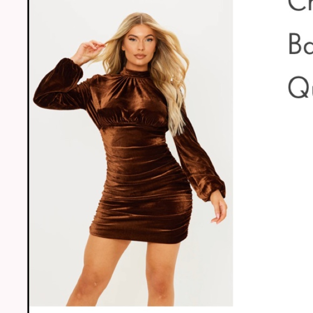 chocolate velvet long sleeve mini evening dress.
